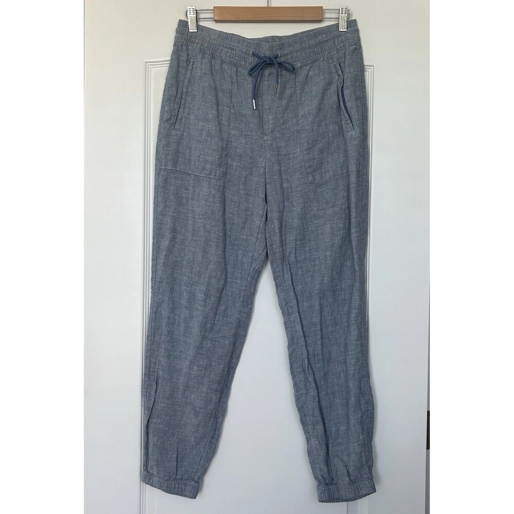 Athleta Retreat Blue Chambray Linen Jogger Pants Zip Pockets Size 10 Pull On - Picture 2 of 11